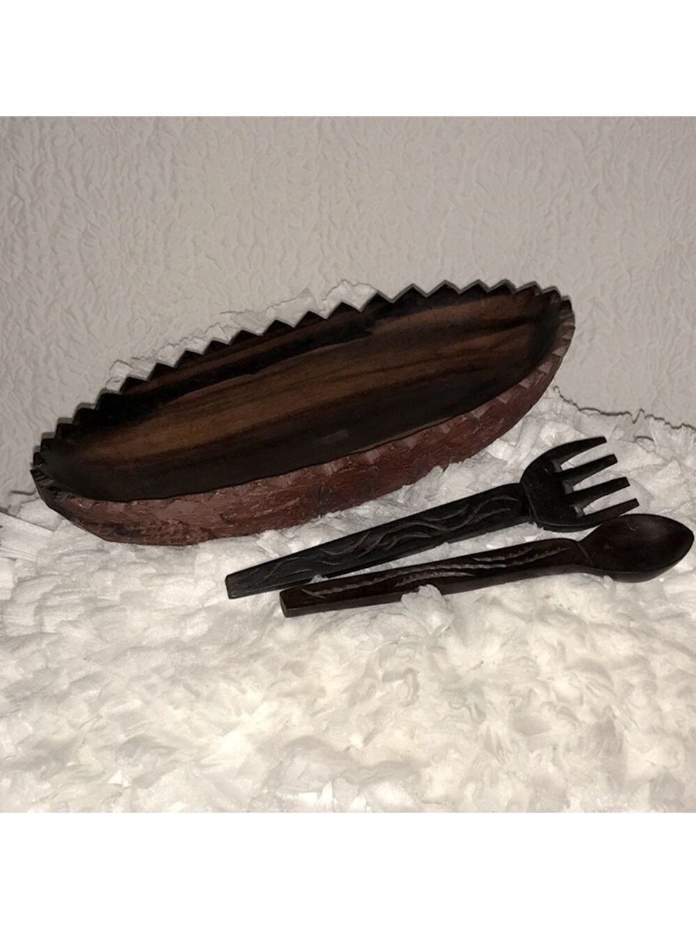 Personalized Carved Wood Oval Bowl W/Fork & Spoon
